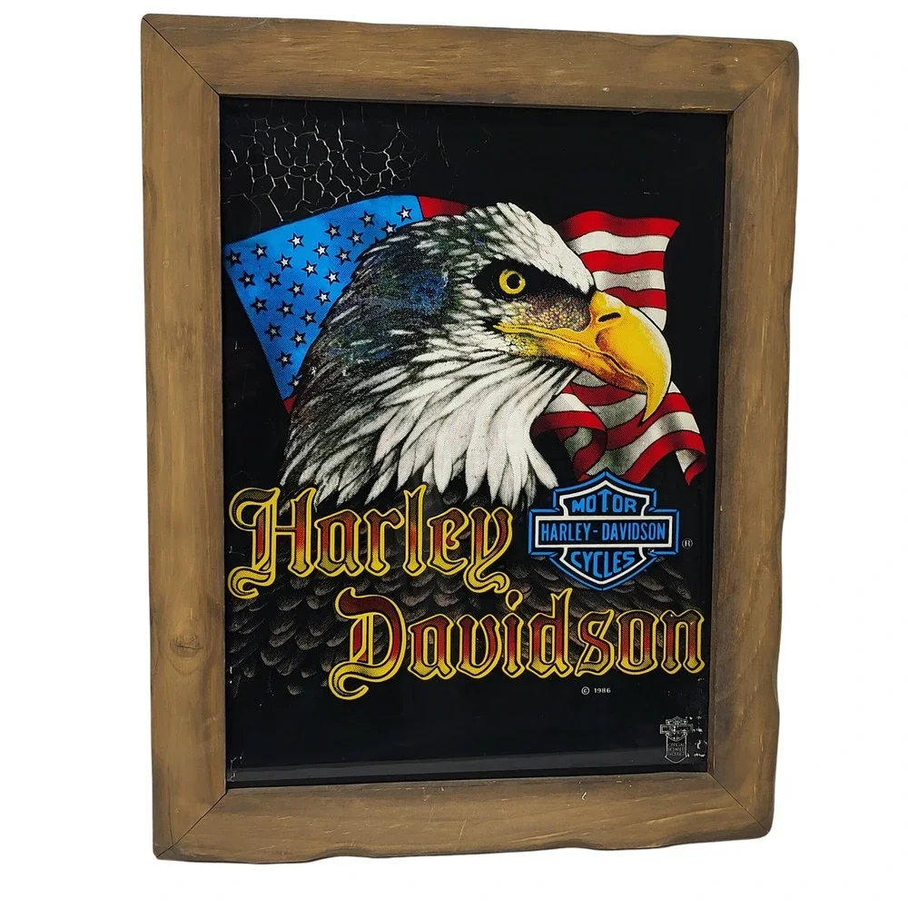 Vintage 1986 Harley Davidson Eagle American Flag Framed Mirror Art 19x14 3/4